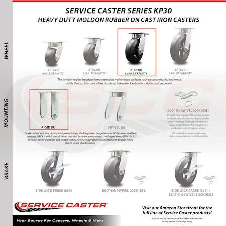 Service Caster 6 Inch Kingpinless Rubber on Steel Wheel Swivel Caster Swivel 2 Rigid SCC, 2PK SCC-KP30S620-RSR-2-R-2